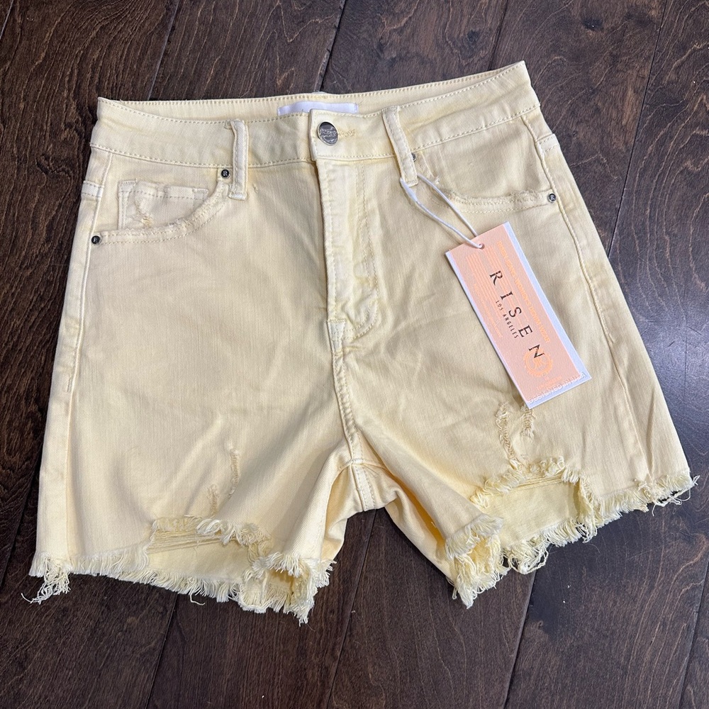 Risen Women's Yellow Frayed Hem Jean Shorts